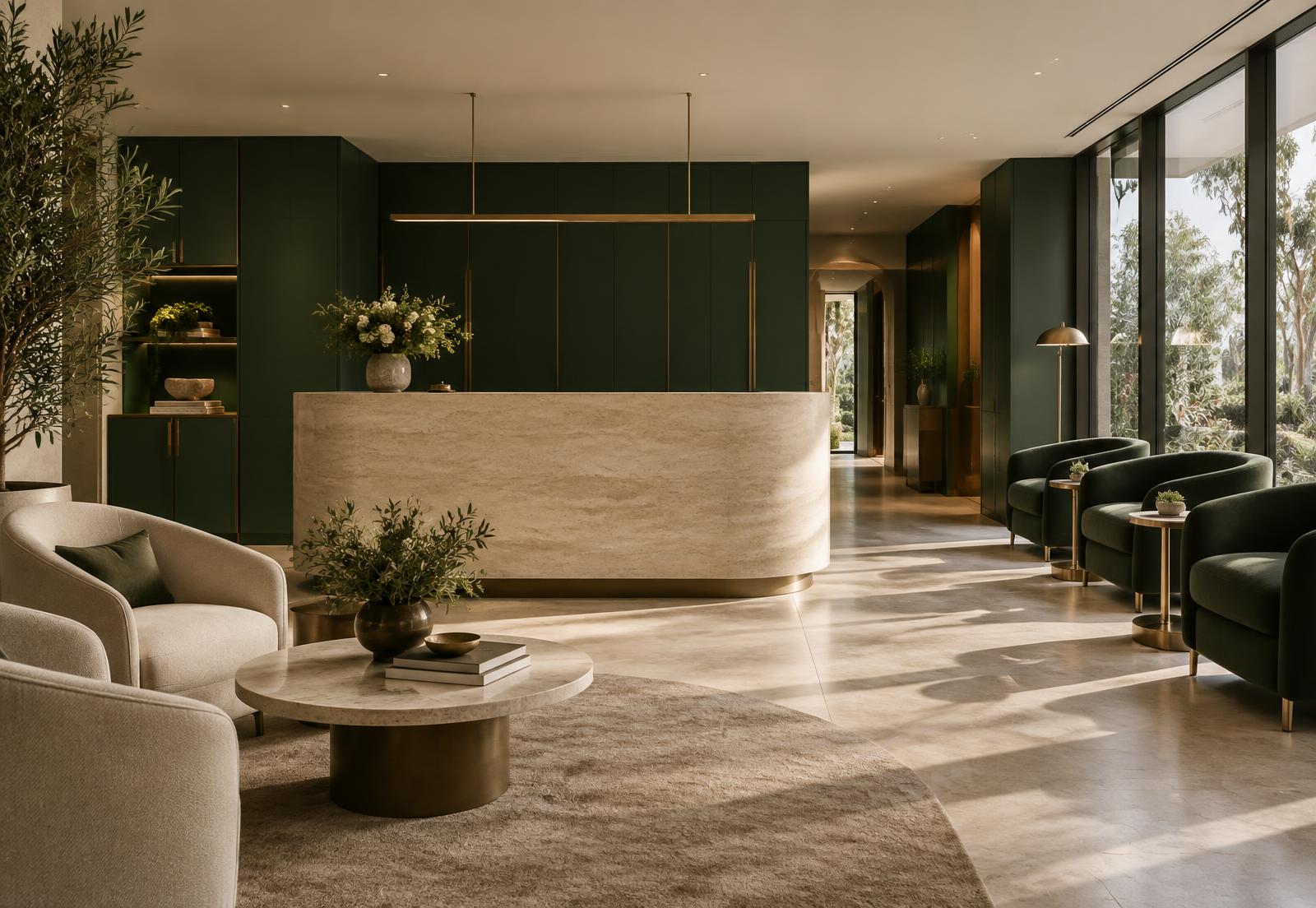A calm private medical interior shaped by natural light